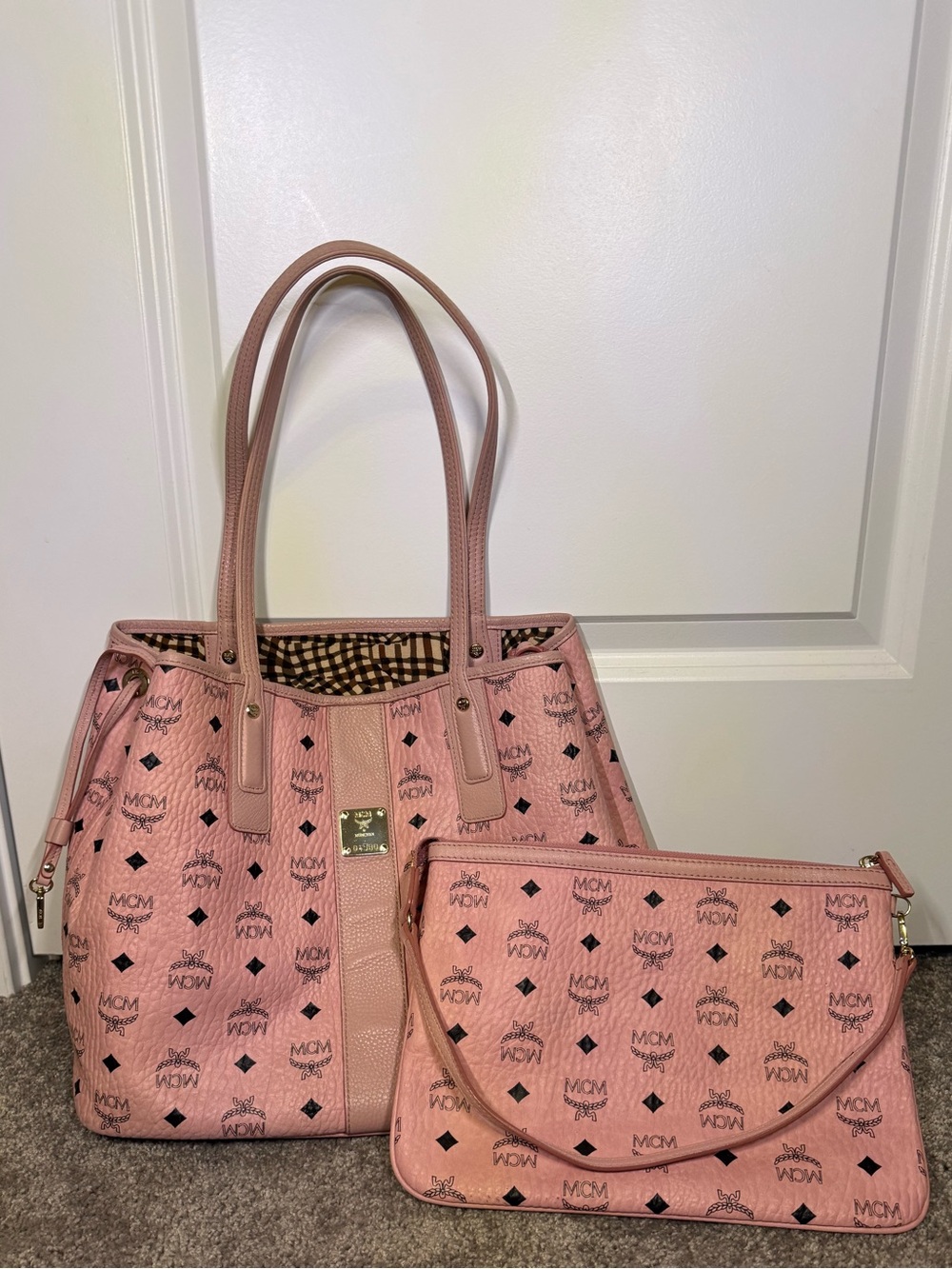 MCM Pink Visetos Tote with Detachable Pouch